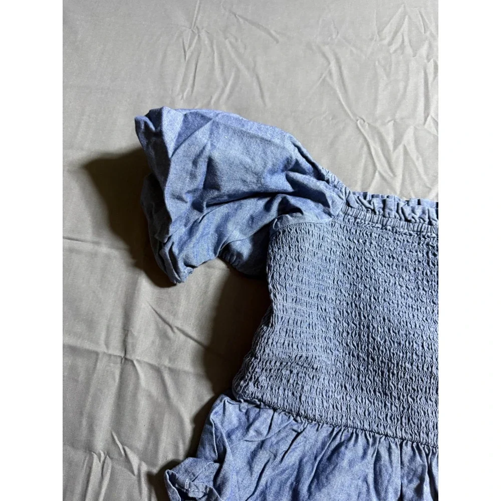 J. Crew Smocked Off-the-Shoulder Top Women L Blue NEW Chambray Puff Sleeve BG075